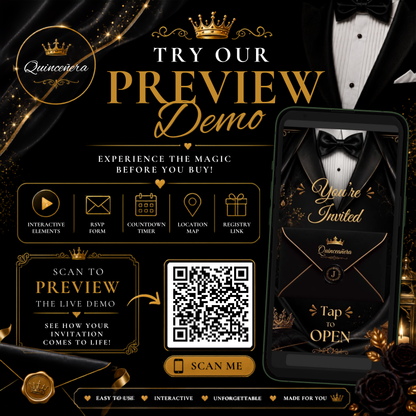 Black & Gold Tuxedo Quince Invitation | Interactive Canva Template