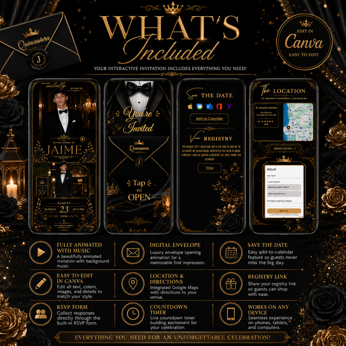 Black Gold Tuxedo Quinceañera Invitation, Interactive Canva Template (PLR MRR)