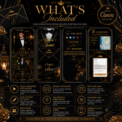 Black & Gold Tuxedo Quince Invitation | Interactive Canva Template
