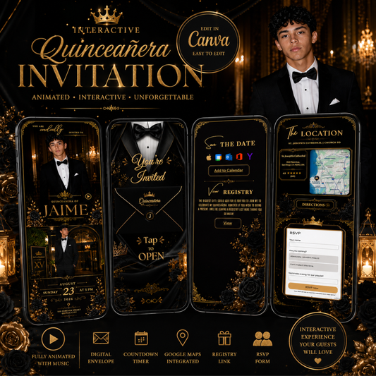 Black Gold Tuxedo Quinceañera Invitation, Interactive Canva Template (PLR MRR)