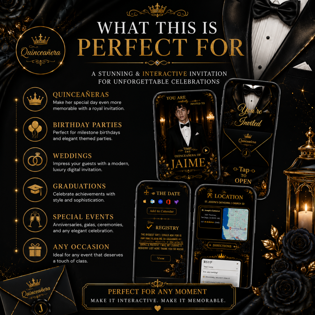 Black Gold Tuxedo Quinceañera Invitation, Interactive Canva Template (PLR MRR)