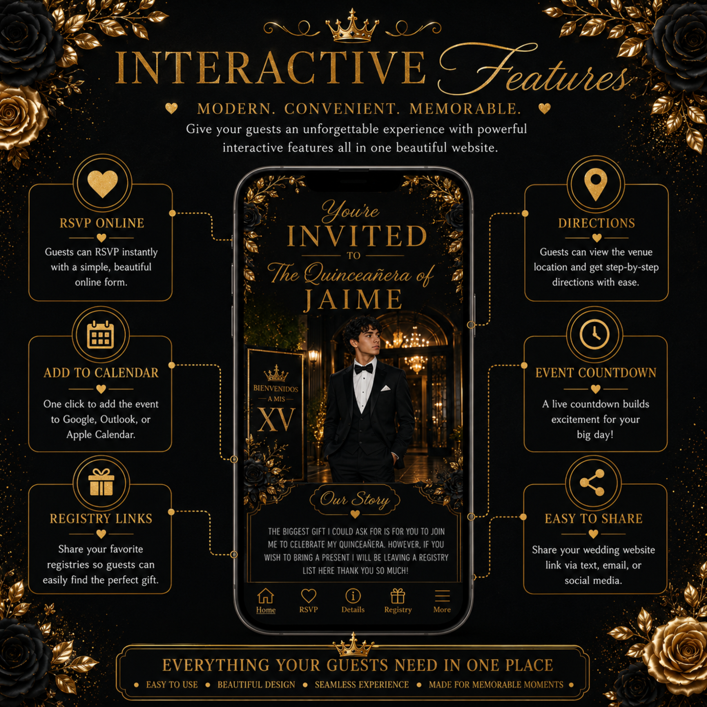 Black Gold Tuxedo Quinceañera Invitation, Interactive Canva Template (PLR MRR)