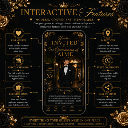 Black & Gold Tuxedo Quince Invitation | Interactive Canva Template