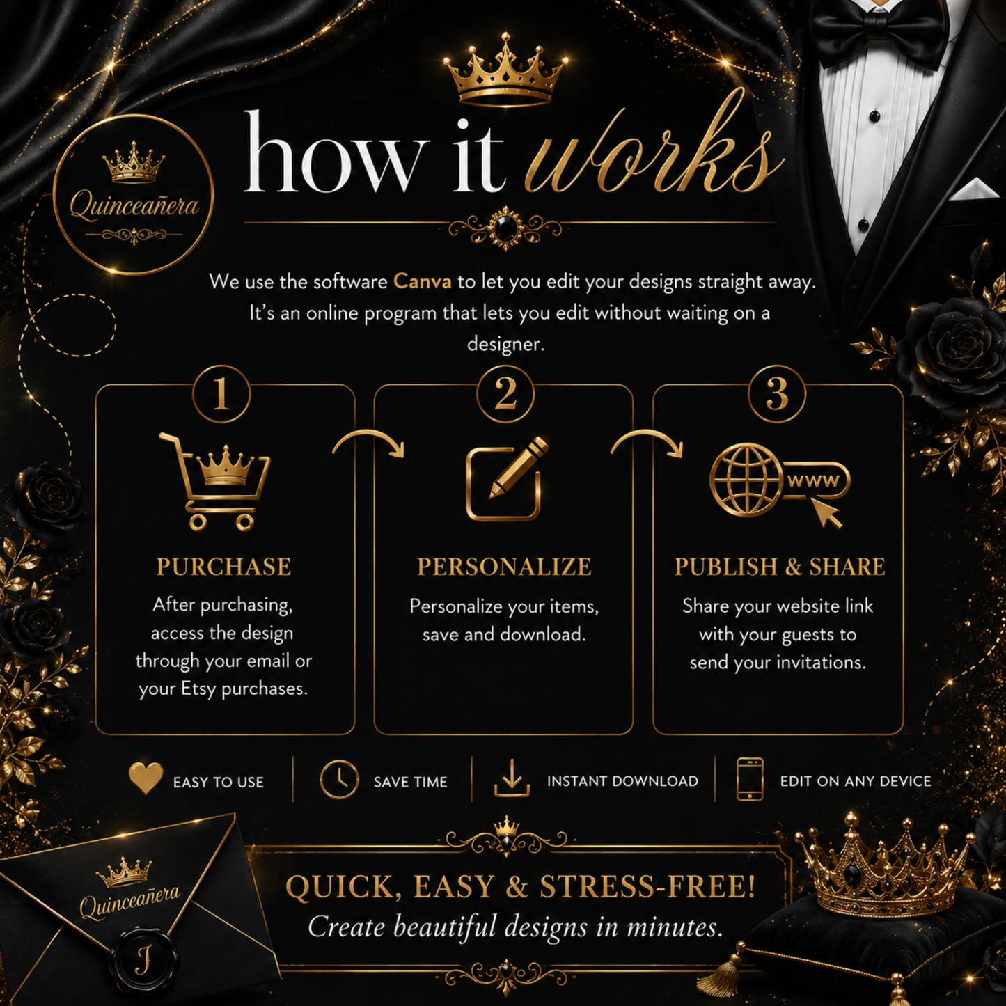Black Gold Tuxedo Quinceañera Invitation, Interactive Canva Template (PLR MRR)