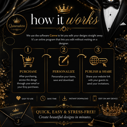 Black & Gold Tuxedo Quince Invitation | Interactive Canva Template