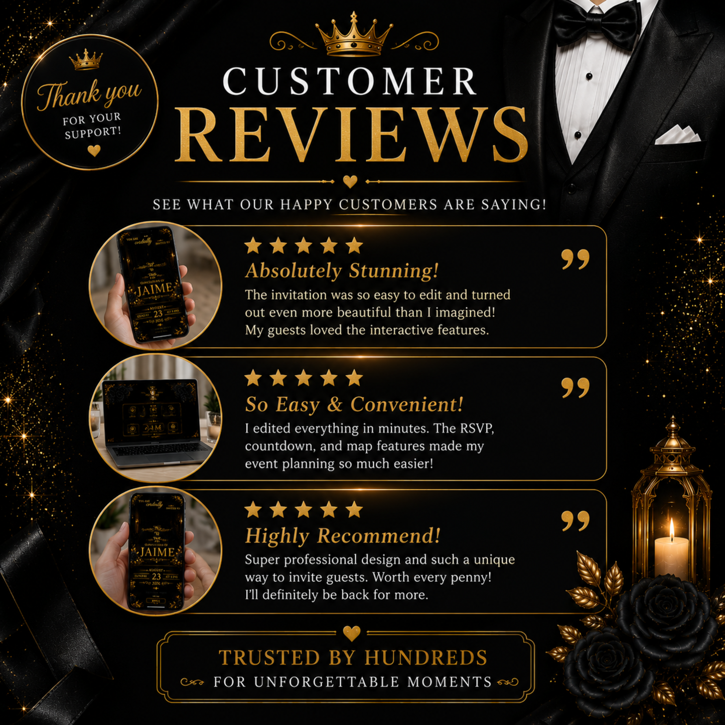 Black Gold Tuxedo Quinceañera Invitation, Interactive Canva Template (PLR MRR)