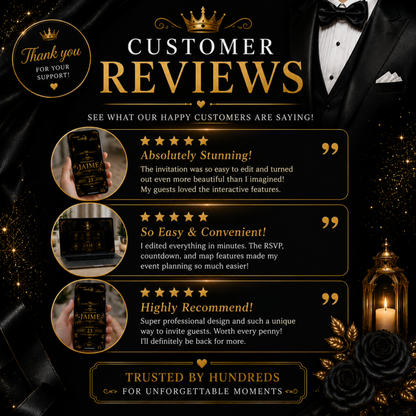 Black & Gold Tuxedo Quince Invitation | Interactive Canva Template