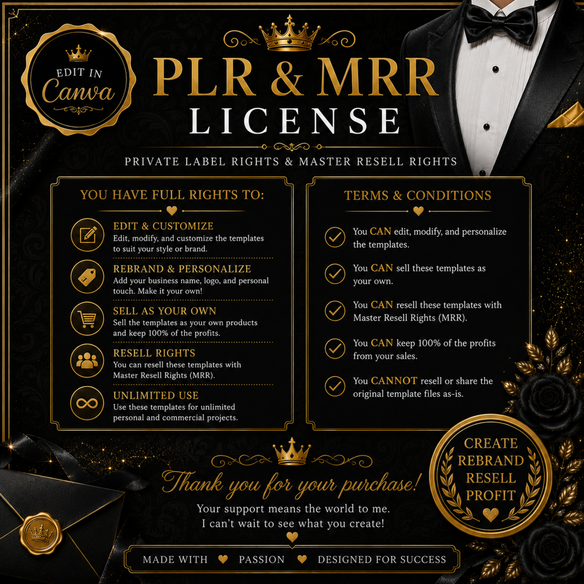 Black Gold Tuxedo Quinceañera Invitation, Interactive Canva Template (PLR MRR)