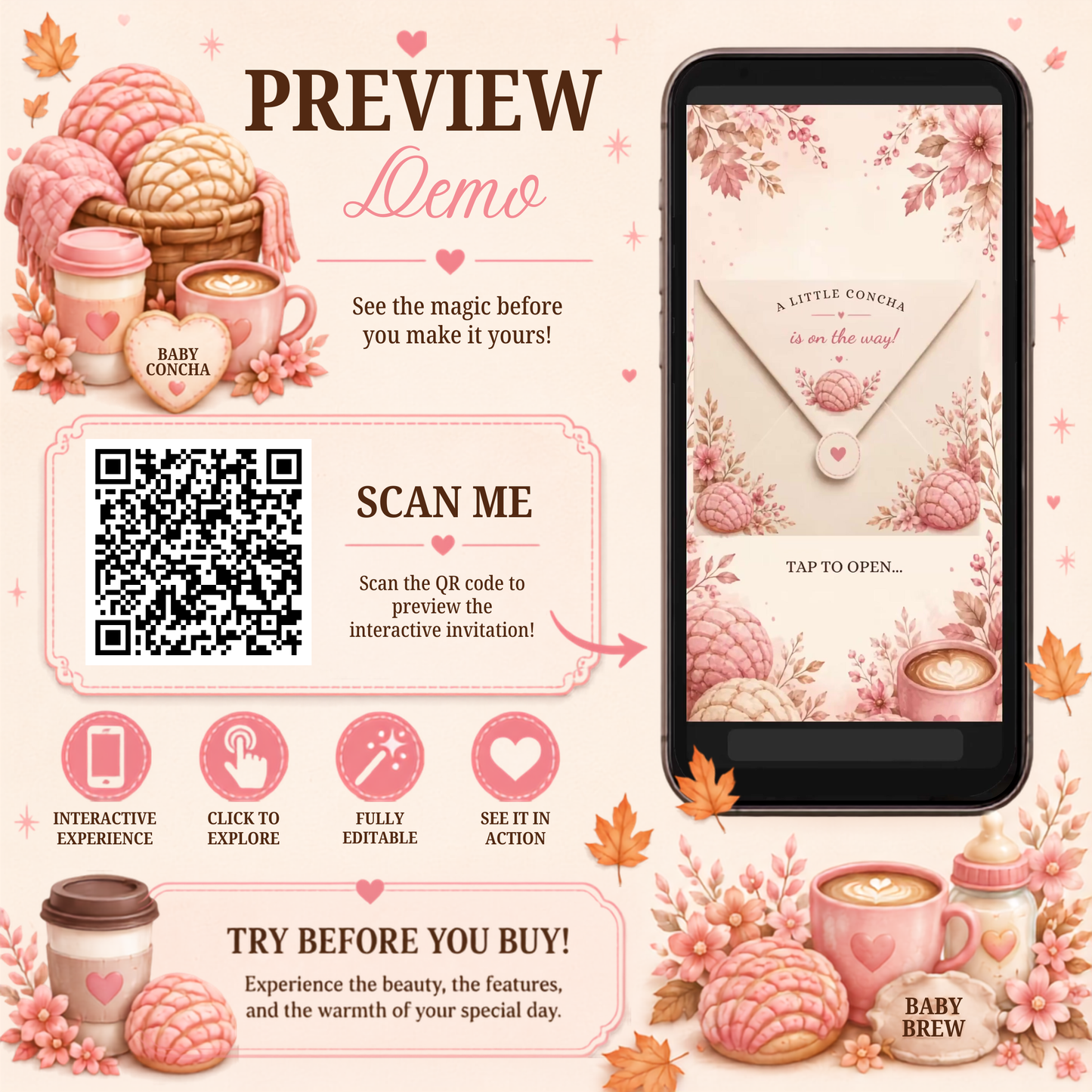 Interactive Baby Shower Invitation | Baby Concha Is on the Way | Editable Canva Template | Pink Fall Baby Shower Invite | PLR MRR Included