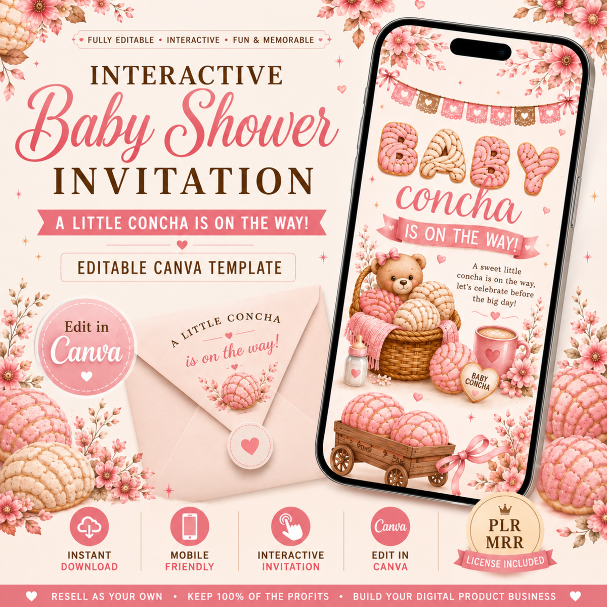 Interactive Baby Shower Invitation | Baby Concha Is on the Way | Editable Canva Template | Pink Fall Baby Shower Invite | PLR MRR Included