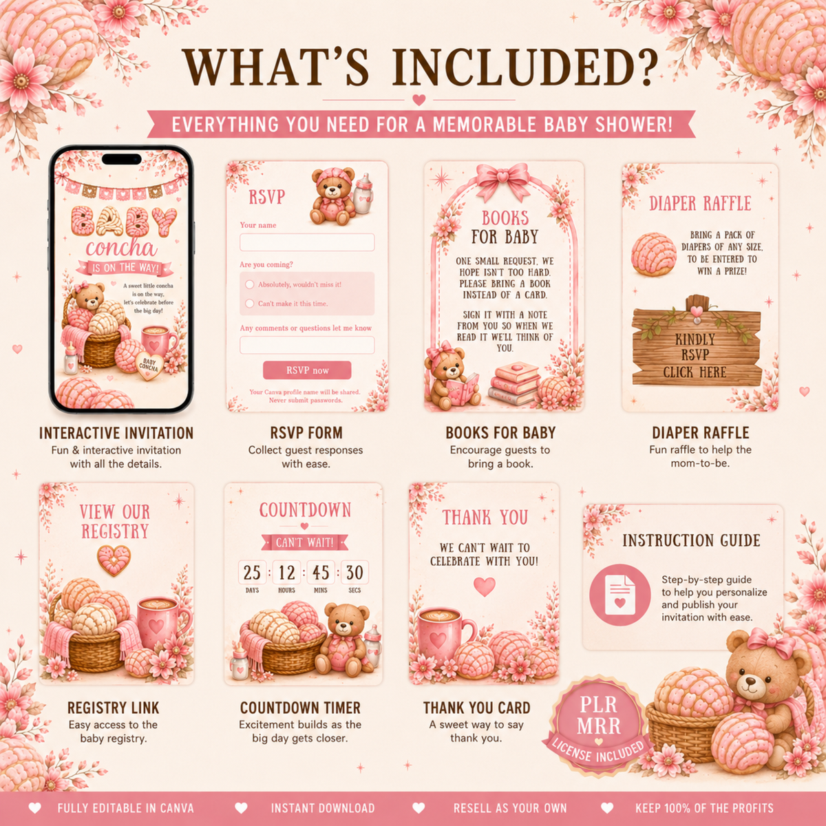 Interactive Baby Shower Invitation | Baby Concha Is on the Way | Editable Canva Template | Pink Fall Baby Shower Invite | PLR MRR Included