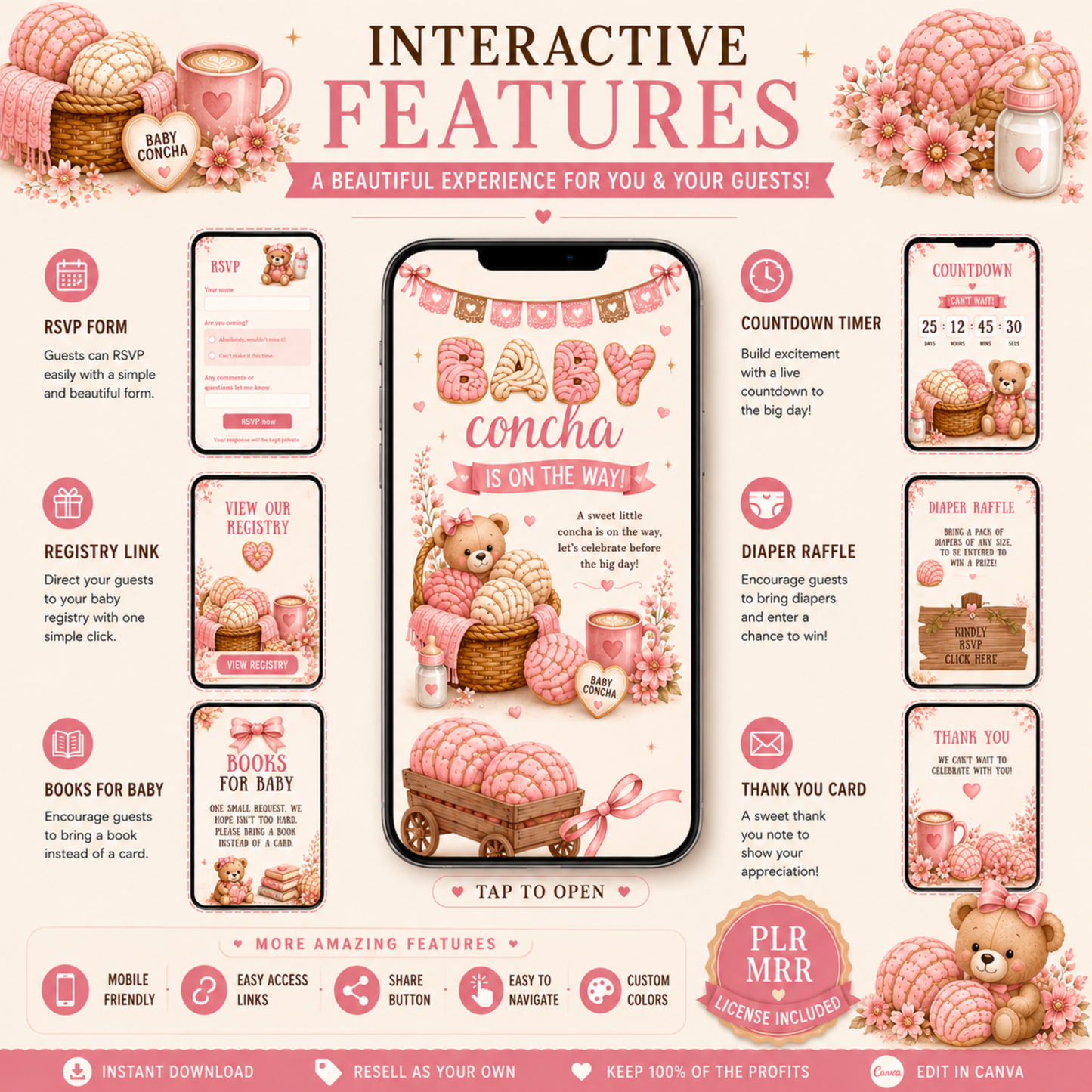 Interactive Baby Shower Invitation | Baby Concha Is on the Way | Editable Canva Template | Pink Fall Baby Shower Invite | PLR MRR Included