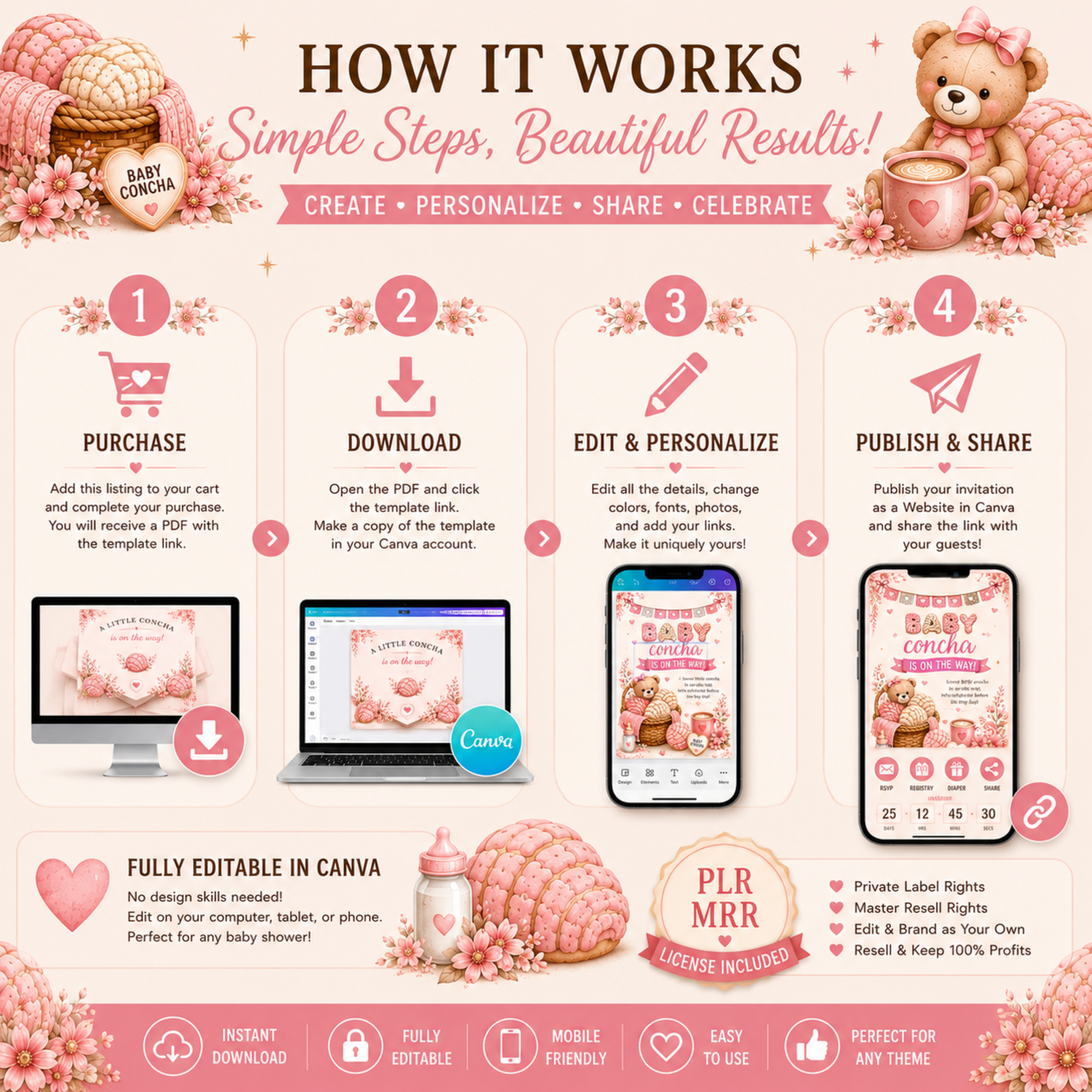 Interactive Baby Shower Invitation | Baby Concha Is on the Way | Editable Canva Template | Pink Fall Baby Shower Invite | PLR MRR Included