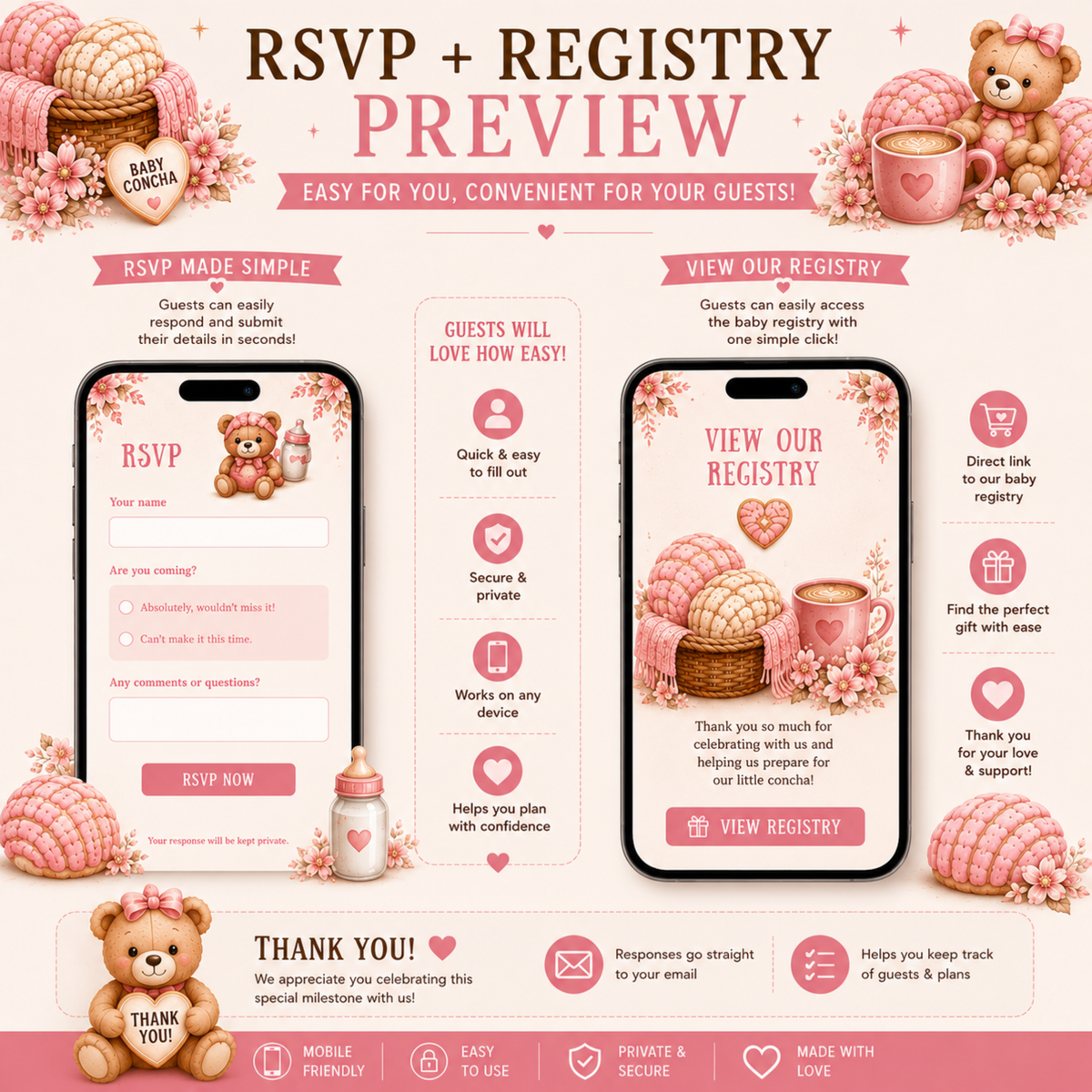 Interactive Baby Shower Invitation | Baby Concha Is on the Way | Editable Canva Template | Pink Fall Baby Shower Invite | PLR MRR Included