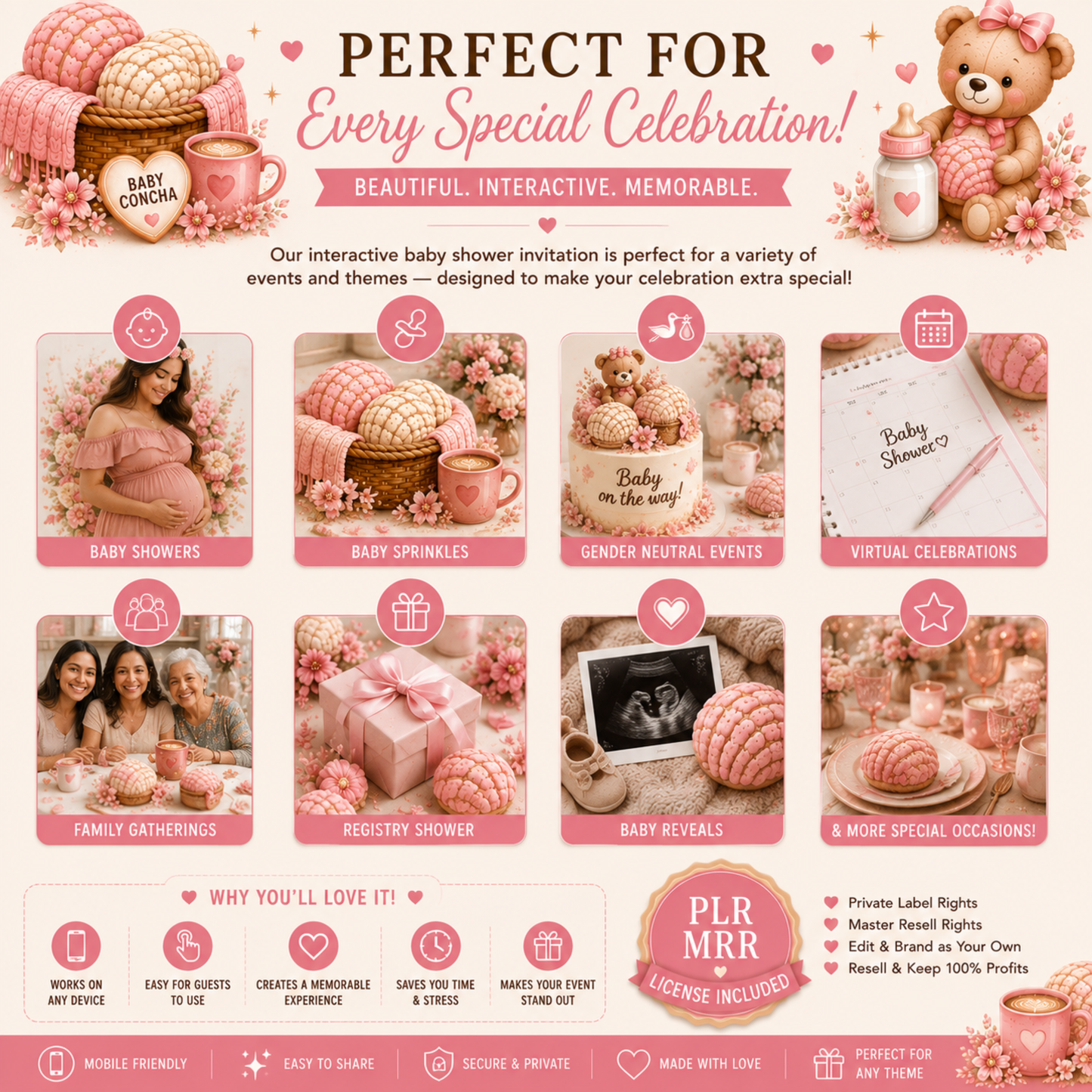 Interactive Baby Shower Invitation | Baby Concha Is on the Way | Editable Canva Template | Pink Fall Baby Shower Invite | PLR MRR Included