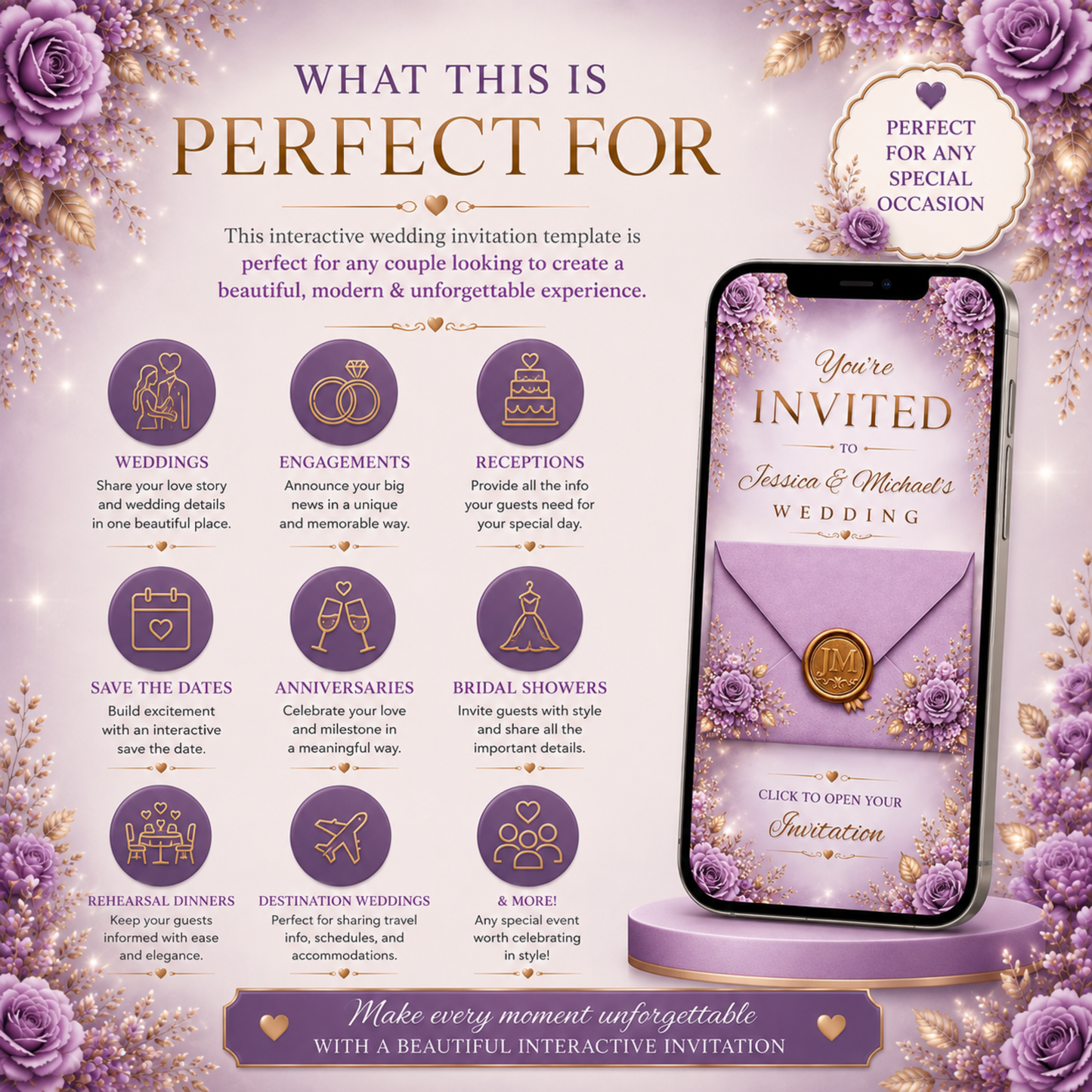 Interactive Purple Lilac & Gold Wedding Invitation | Editable Canva Wedding Website | Digital Invite with RSVP, Music & Countdown, PLR + MRR