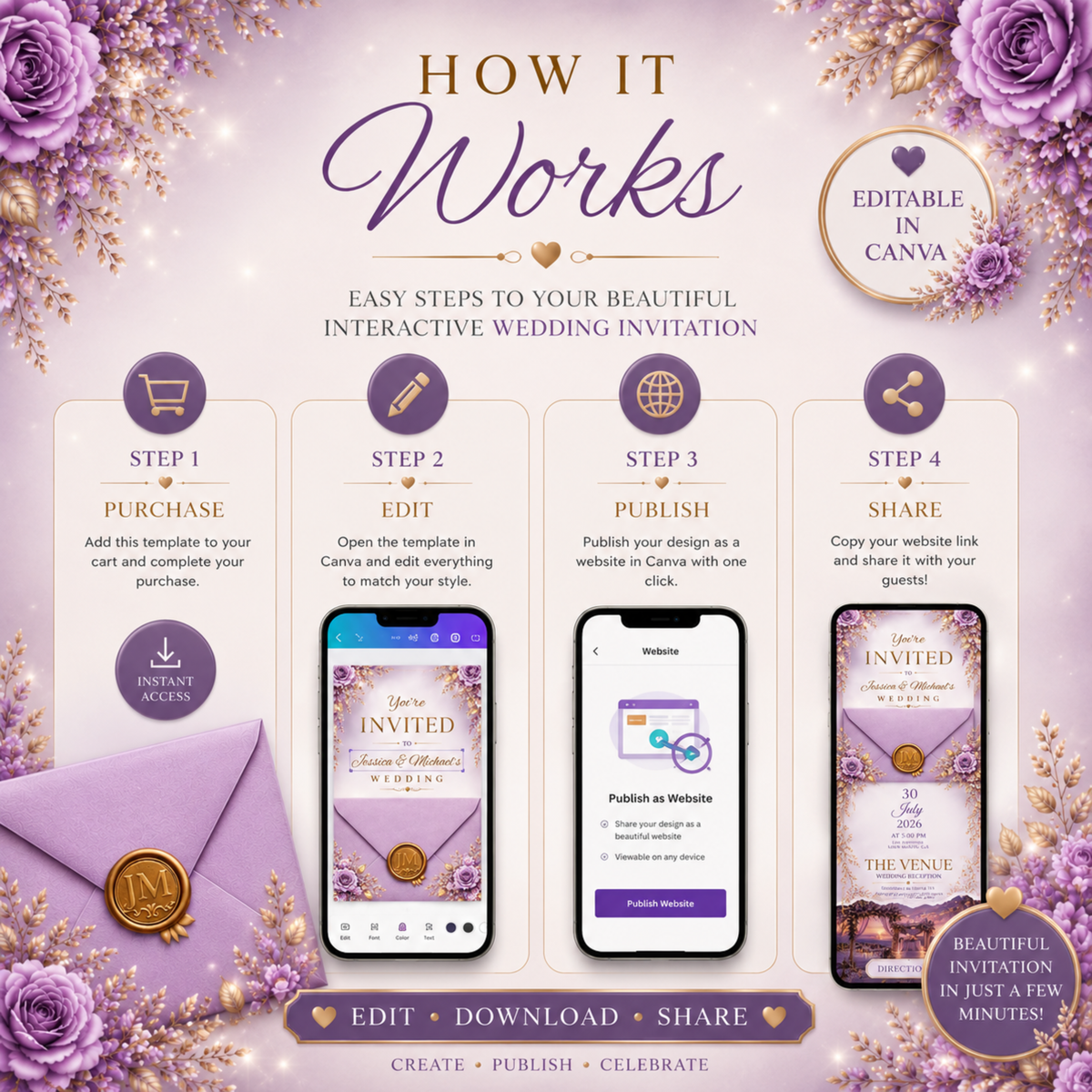 Interactive Purple Lilac & Gold Wedding Invitation | Editable Canva Wedding Website | Digital Invite with RSVP, Music & Countdown, PLR + MRR