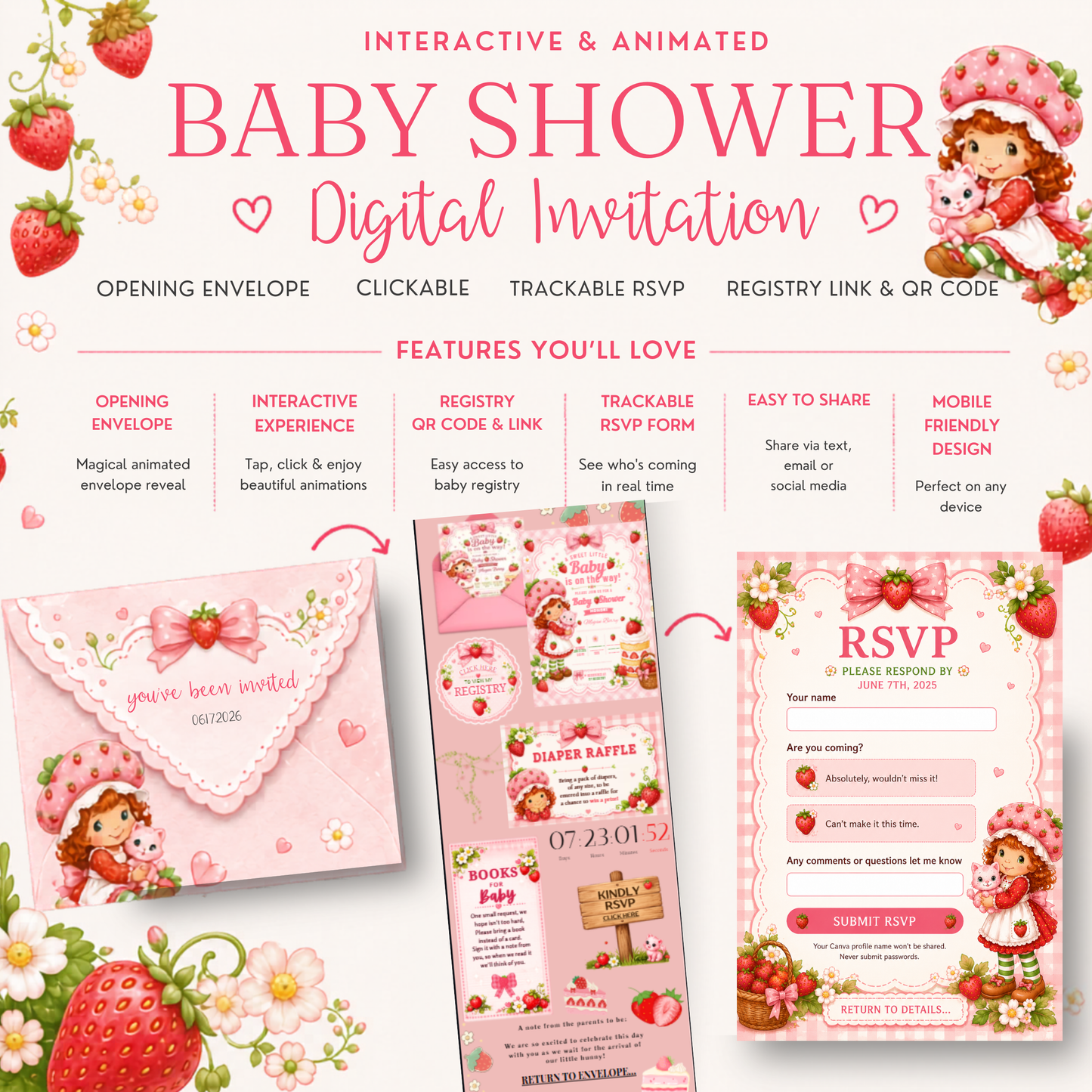 Strawberry Baby Shower Invitation | Editable Canva Template | PLR MRR Digital Download