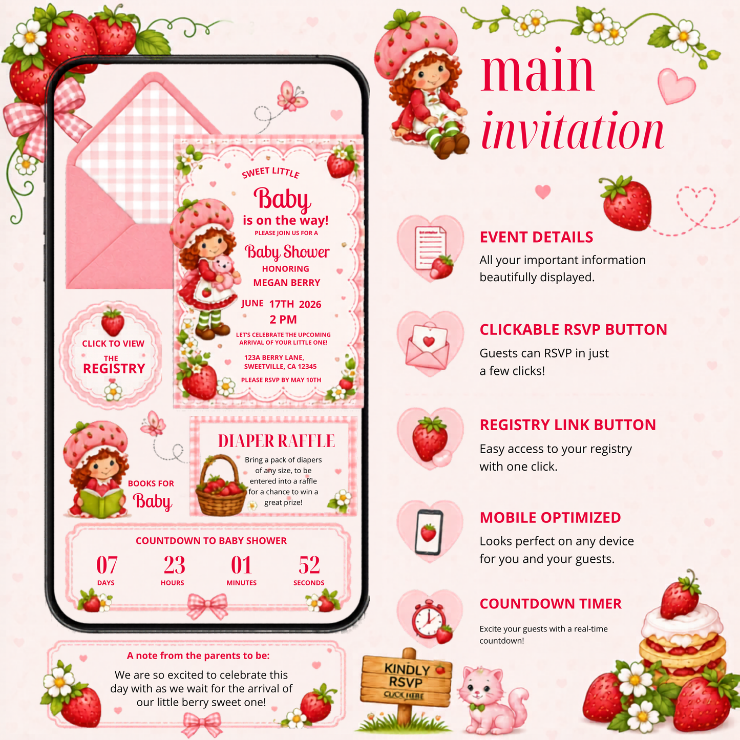 Strawberry Baby Shower Invitation | Editable Canva Template | PLR MRR Digital Download