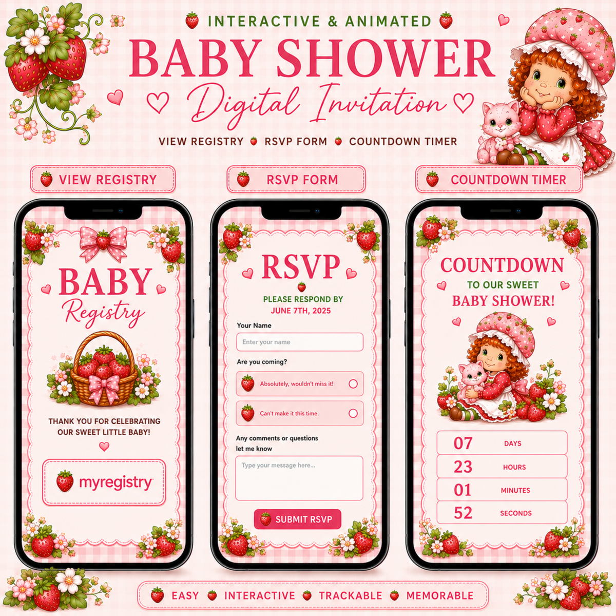 Strawberry Baby Shower Invitation | Editable Canva Template | PLR MRR Digital Download