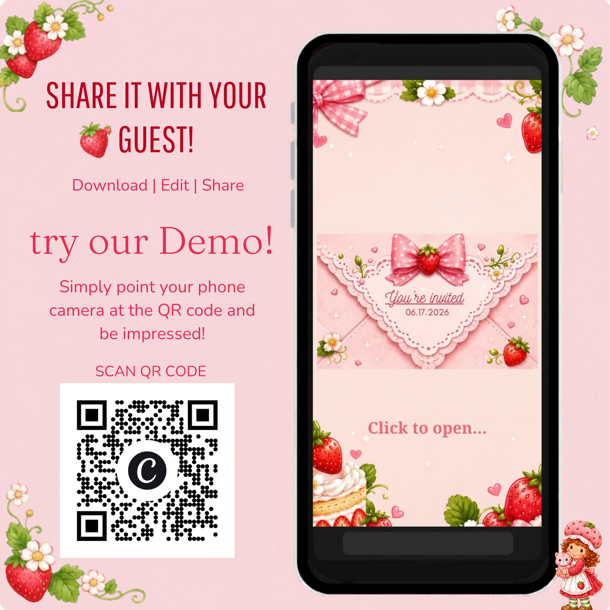 Strawberry Baby Shower Invitation | Editable Canva Template | PLR MRR Digital Download