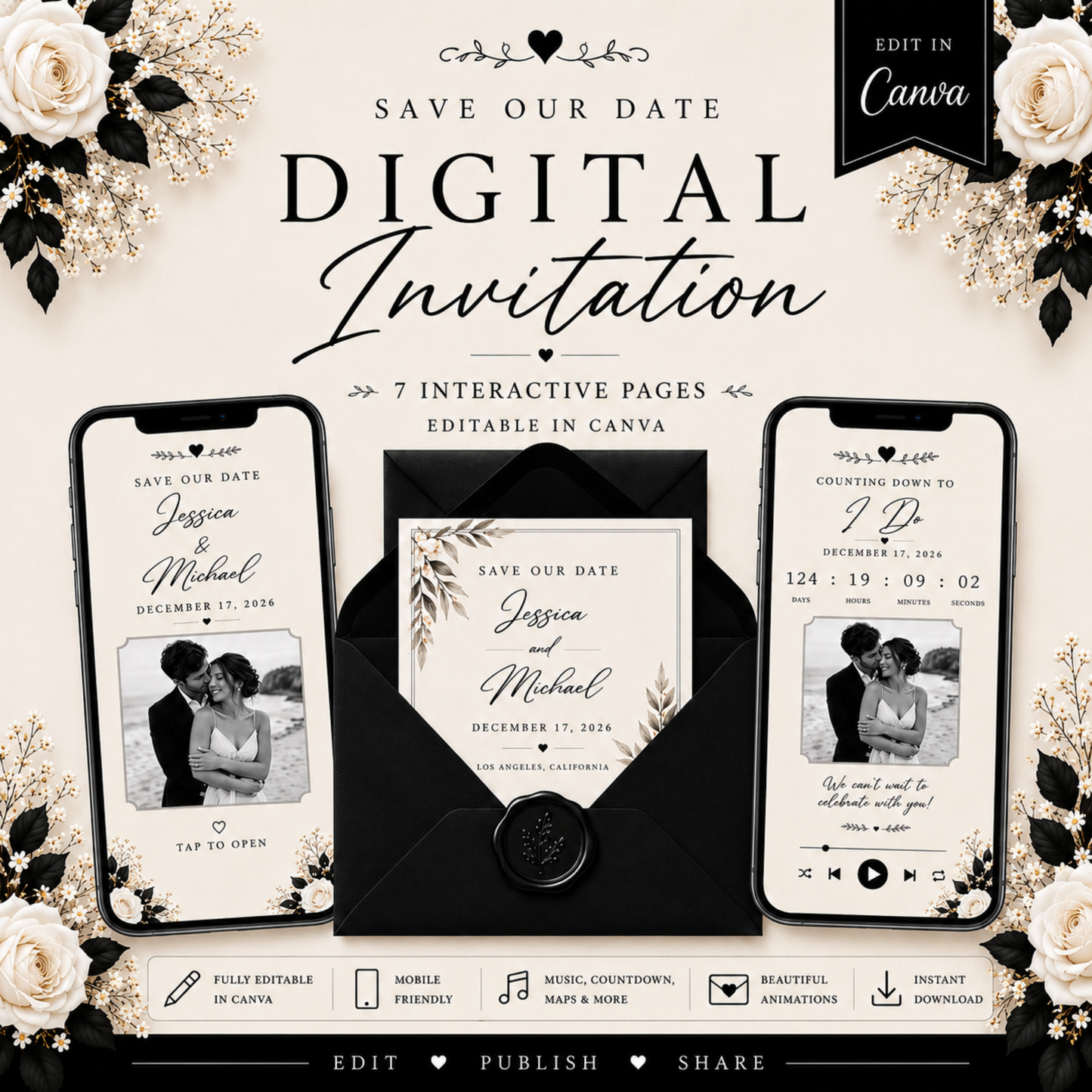 Save the Date Wedding Invitation, Interactive Canva Template, Digital Wedding Website, PLR MRR