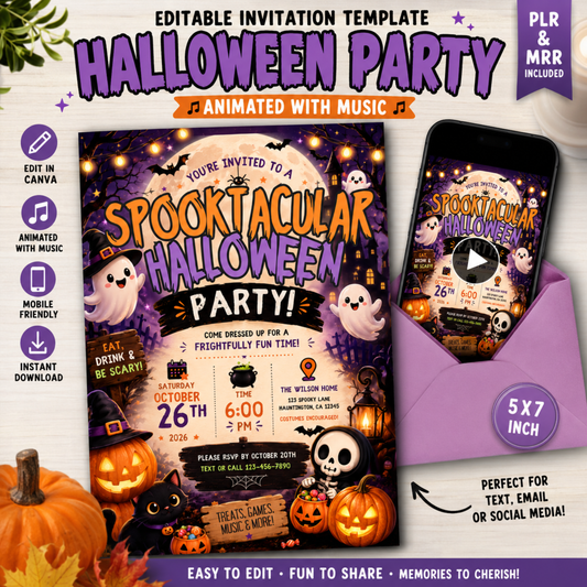 Spooktacular Halloween Invitation Template | Animated with Music | Editable Canva Invite | 5x7 | PLR & MRR Included