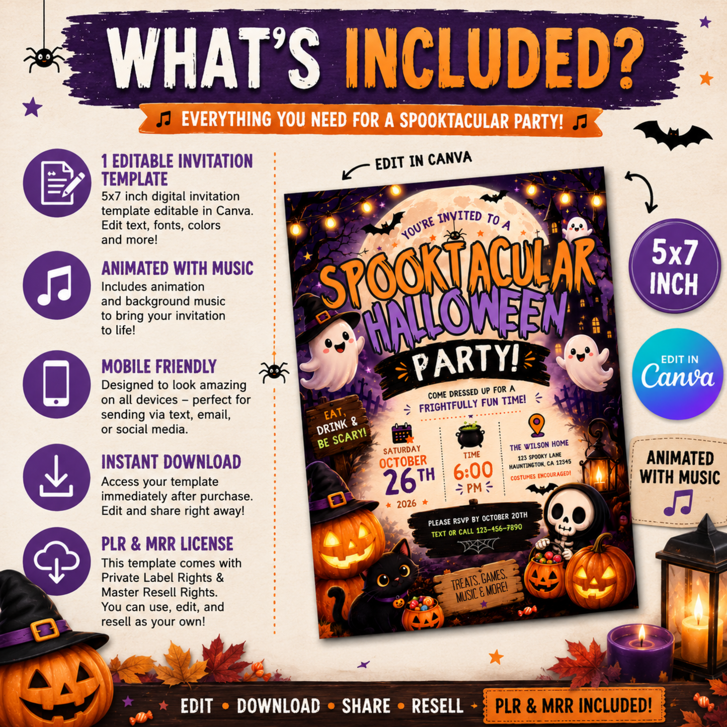 Spooktacular Halloween Invitation Template | Animated with Music | Editable Canva Invite | 5x7 | PLR & MRR Included