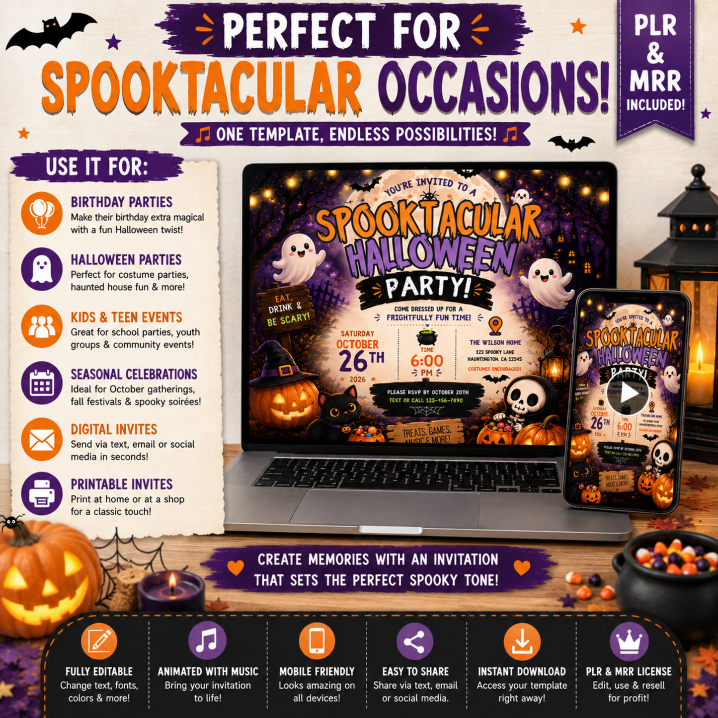 Spooktacular Halloween Invitation Template | Animated with Music | Editable Canva Invite | 5x7 | PLR & MRR Included