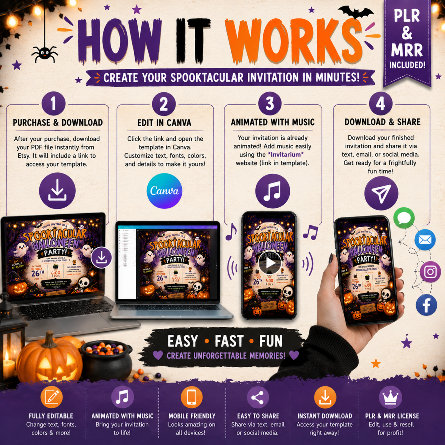 Spooktacular Halloween Invitation Template | Animated with Music | Editable Canva Invite | 5x7 | PLR & MRR Included