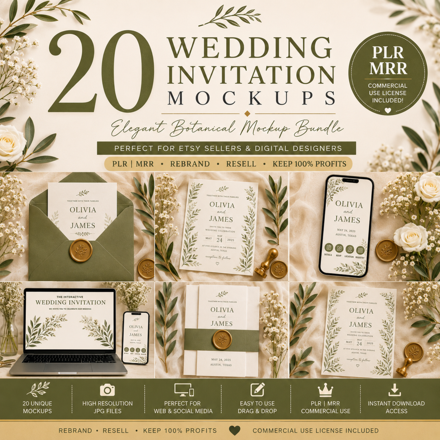 20 Wedding Invitation Mockups | PLR MRR | Elegant Botanical Mockup Bundle
