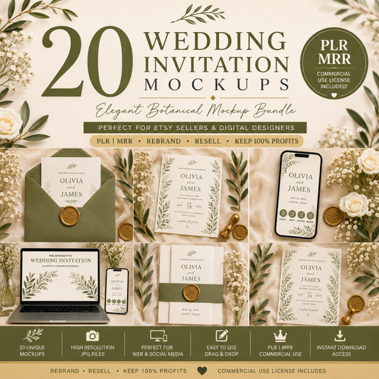 20 Wedding Invitation Mockups | PLR MRR | Elegant Botanical Mockup Bundle