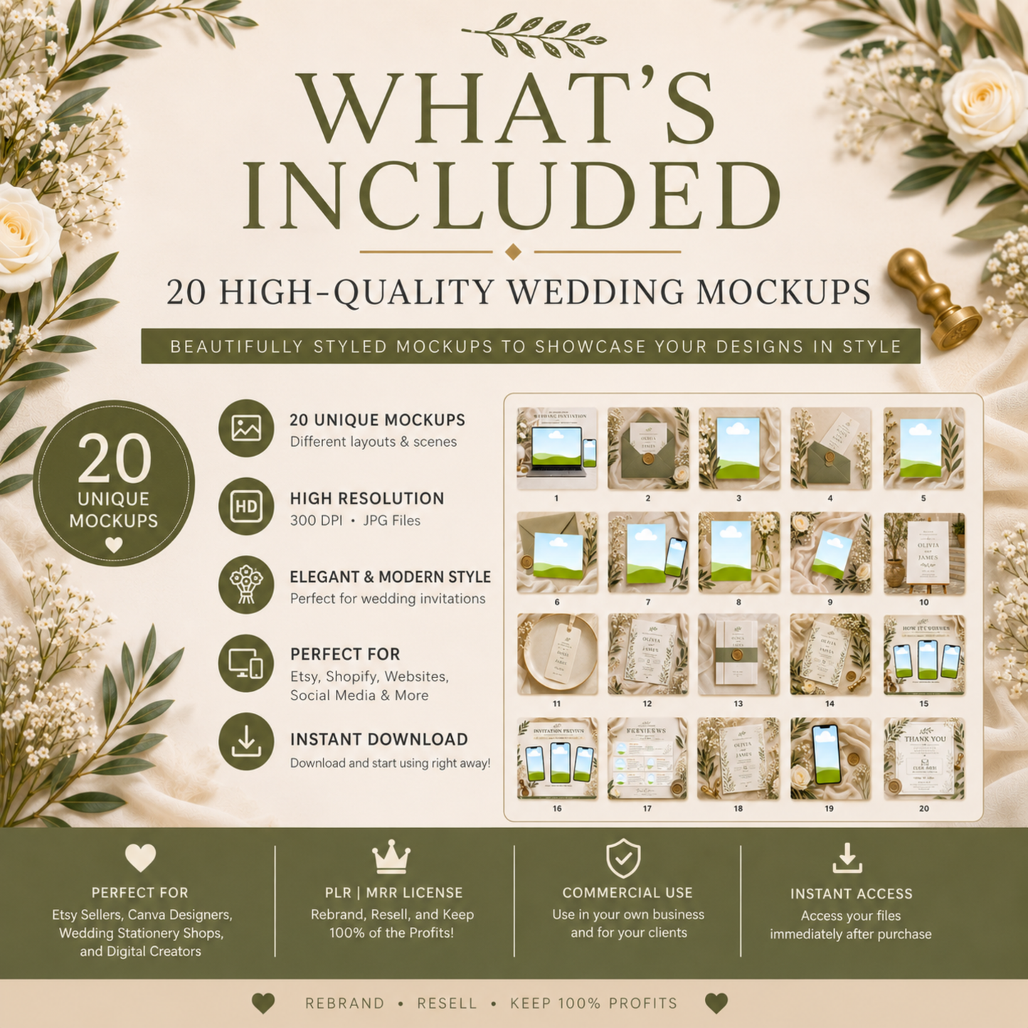 20 Wedding Invitation Mockups | PLR MRR | Elegant Botanical Mockup Bundle