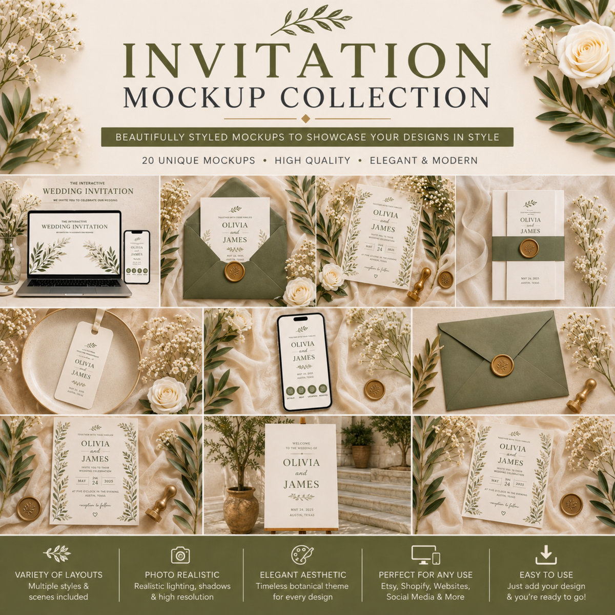 20 Wedding Invitation Mockups | PLR MRR | Elegant Botanical Mockup Bundle