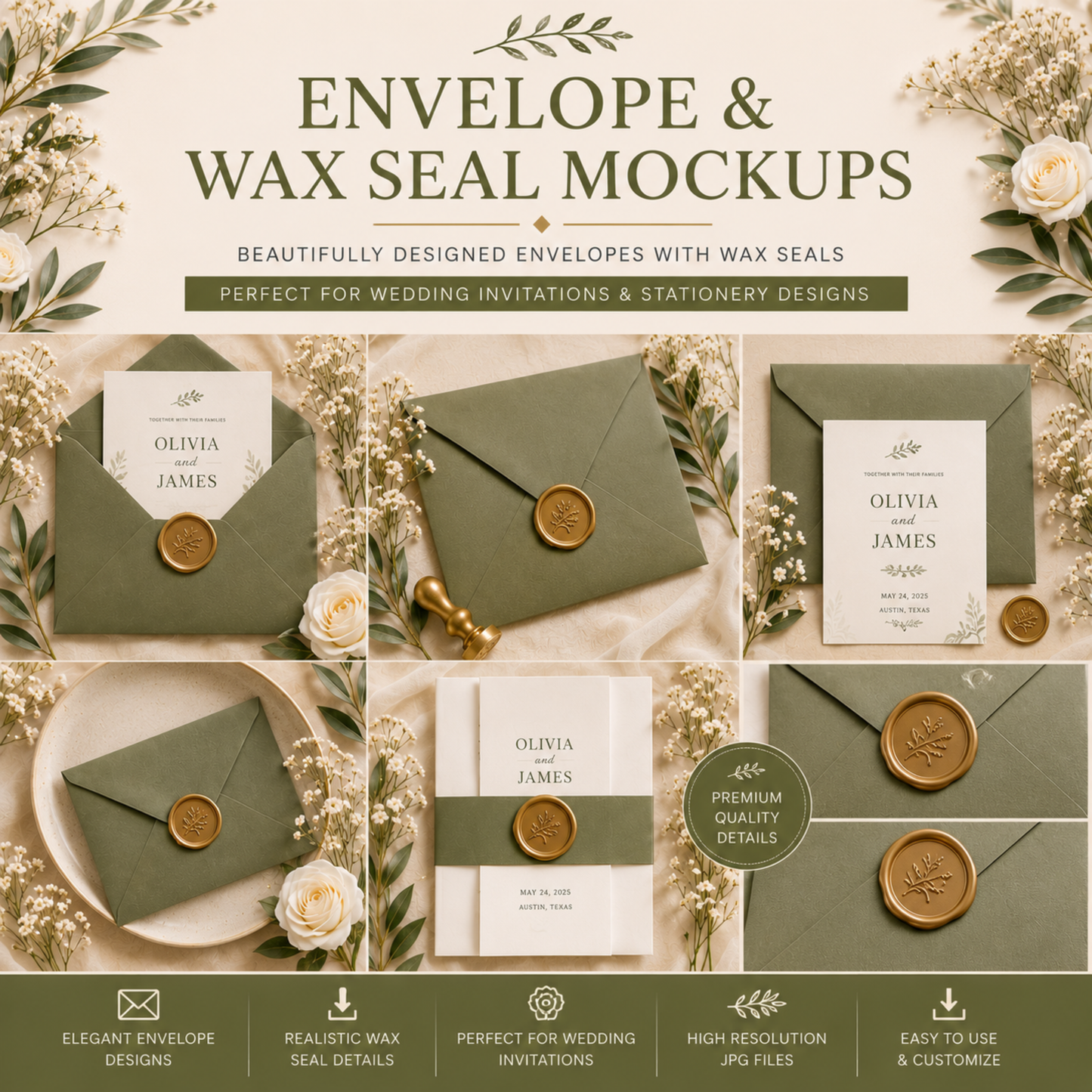 20 Wedding Invitation Mockups | PLR MRR | Elegant Botanical Mockup Bundle