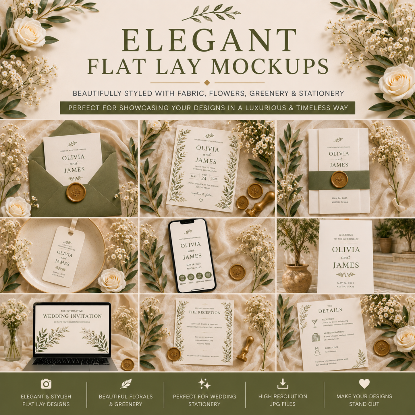 20 Wedding Invitation Mockups | PLR MRR | Elegant Botanical Mockup Bundle