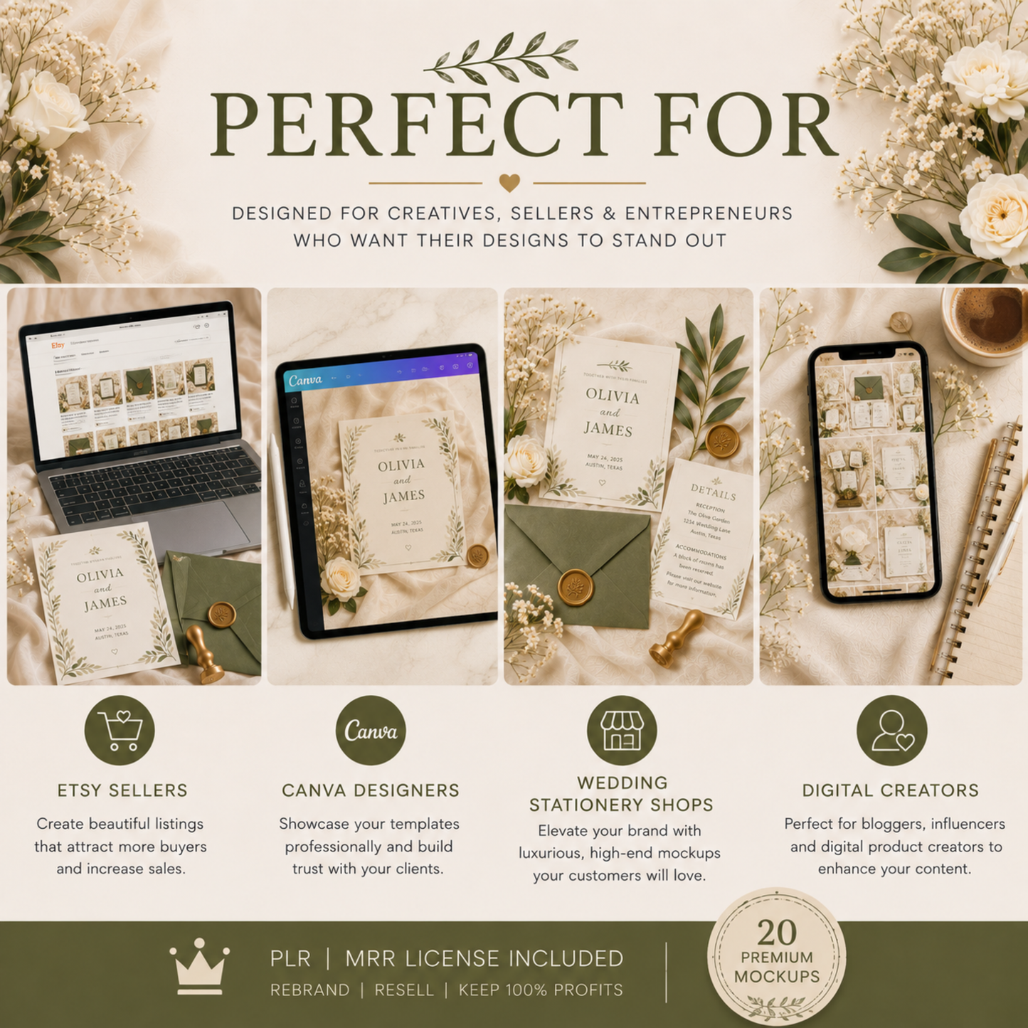 20 Wedding Invitation Mockups | PLR MRR | Elegant Botanical Mockup Bundle