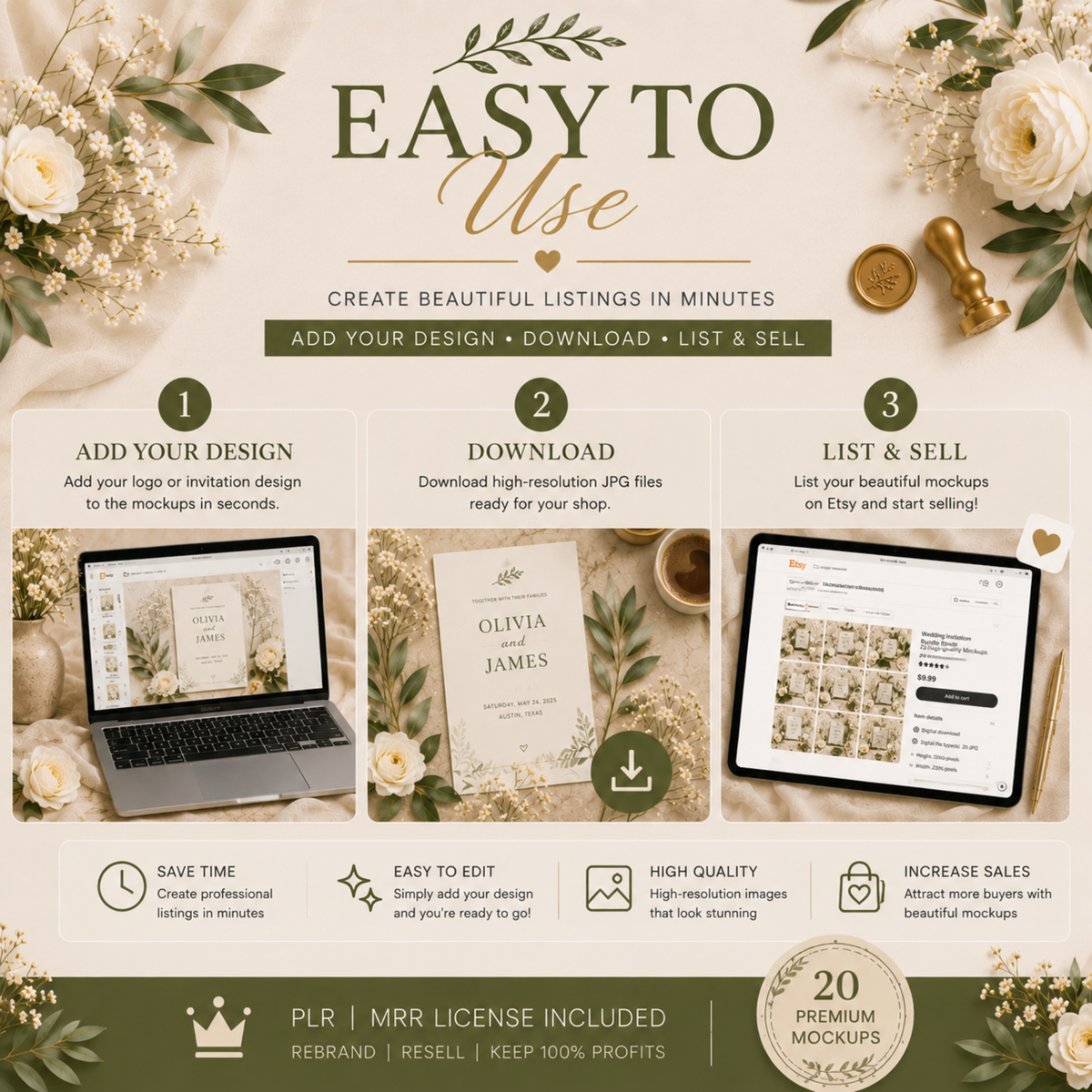 20 Wedding Invitation Mockups | PLR MRR | Elegant Botanical Mockup Bundle