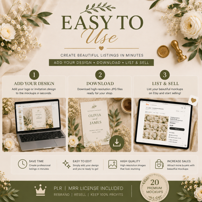 20 Wedding Invitation Mockups | PLR MRR | Elegant Botanical Mockup Bundle
