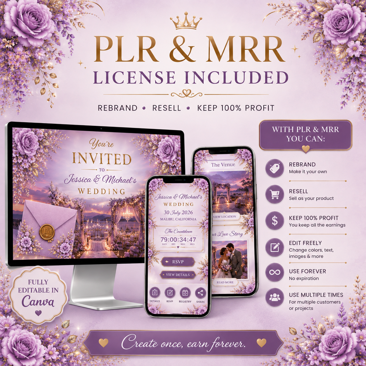 Interactive Purple Lilac & Gold Wedding Invitation | Editable Canva Wedding Website | Digital Invite with RSVP, Music & Countdown, PLR + MRR