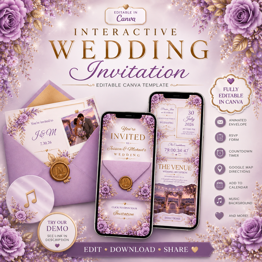 Interactive Purple Lilac & Gold Wedding Invitation | Editable Canva Wedding Website | Digital Invite with RSVP, Music & Countdown, PLR + MRR