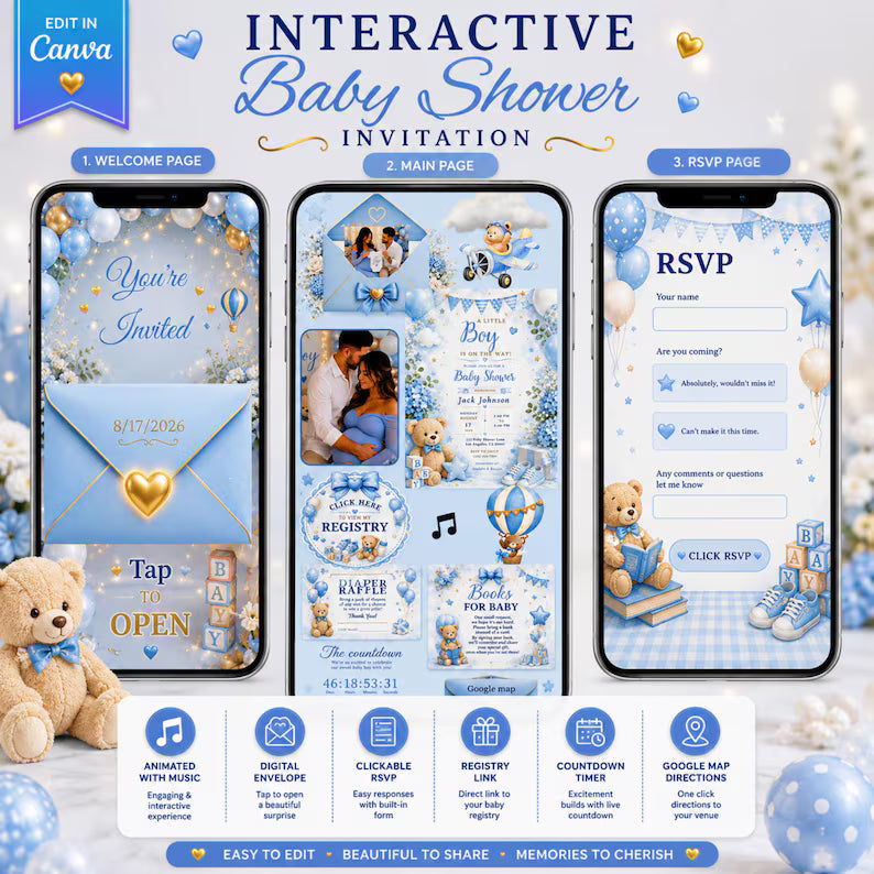 Interactive Baby Boy Shower Invitation | Editable Canva Template with Music | PLR MRR