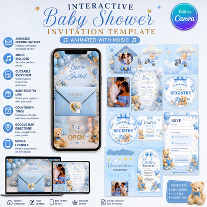 Baby Boy Shower Invitation | Interactive Canva Template with Music