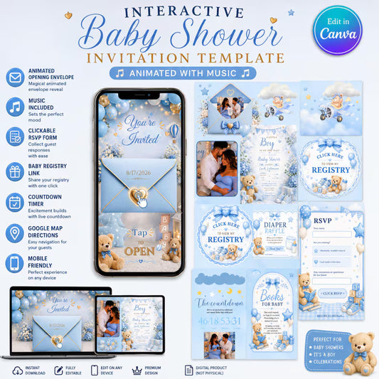 Interactive Baby Boy Shower Invitation | Editable Canva Template with Music | PLR MRR
