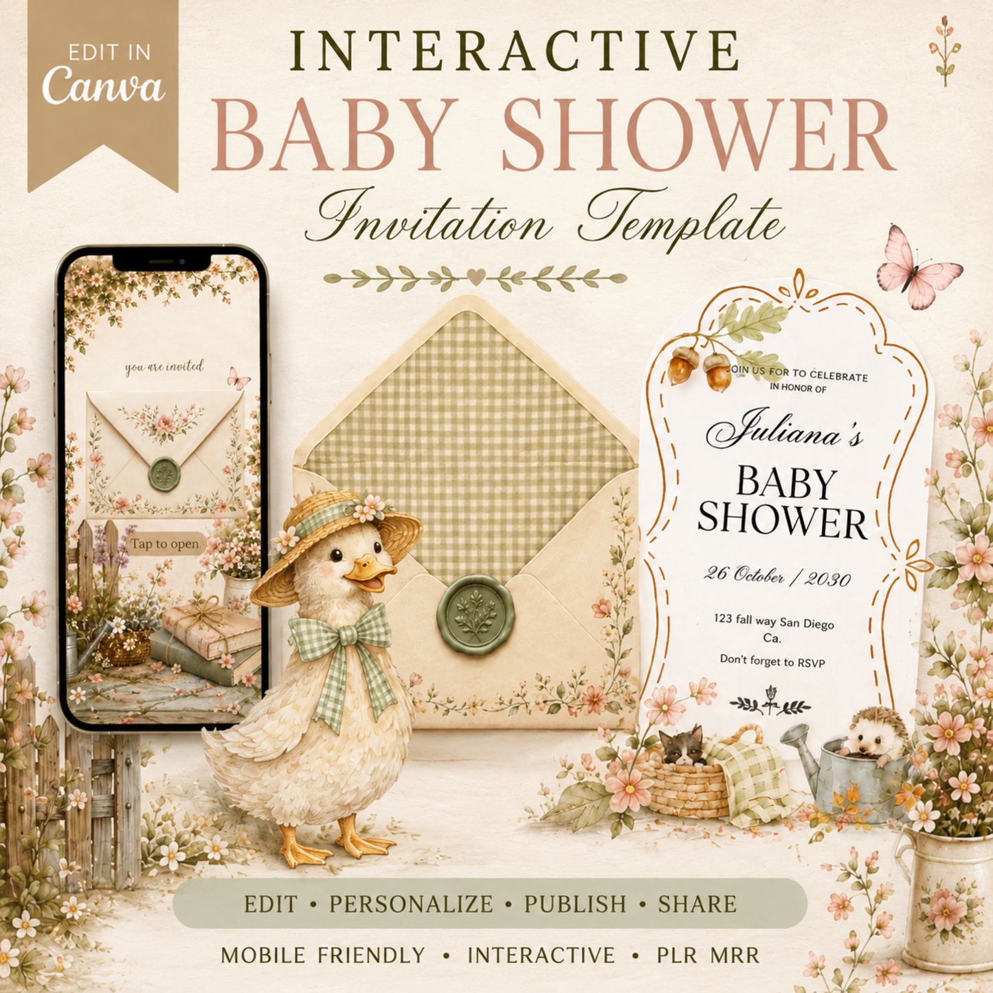 Interactive Baby Shower Invitation Template | Editable Canva Website | RSVP, Music & Animated Envelope | PLR MRR