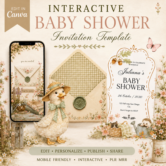 Interactive Baby Shower Invitation Template | Editable Canva Website | RSVP, Music & Animated Envelope | PLR MRR
