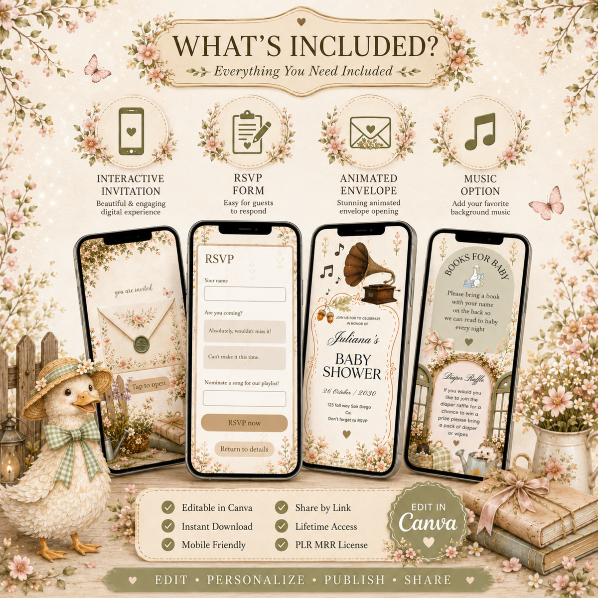 Interactive Baby Shower Invitation Template | Editable Canva Website | RSVP, Music & Animated Envelope | PLR MRR