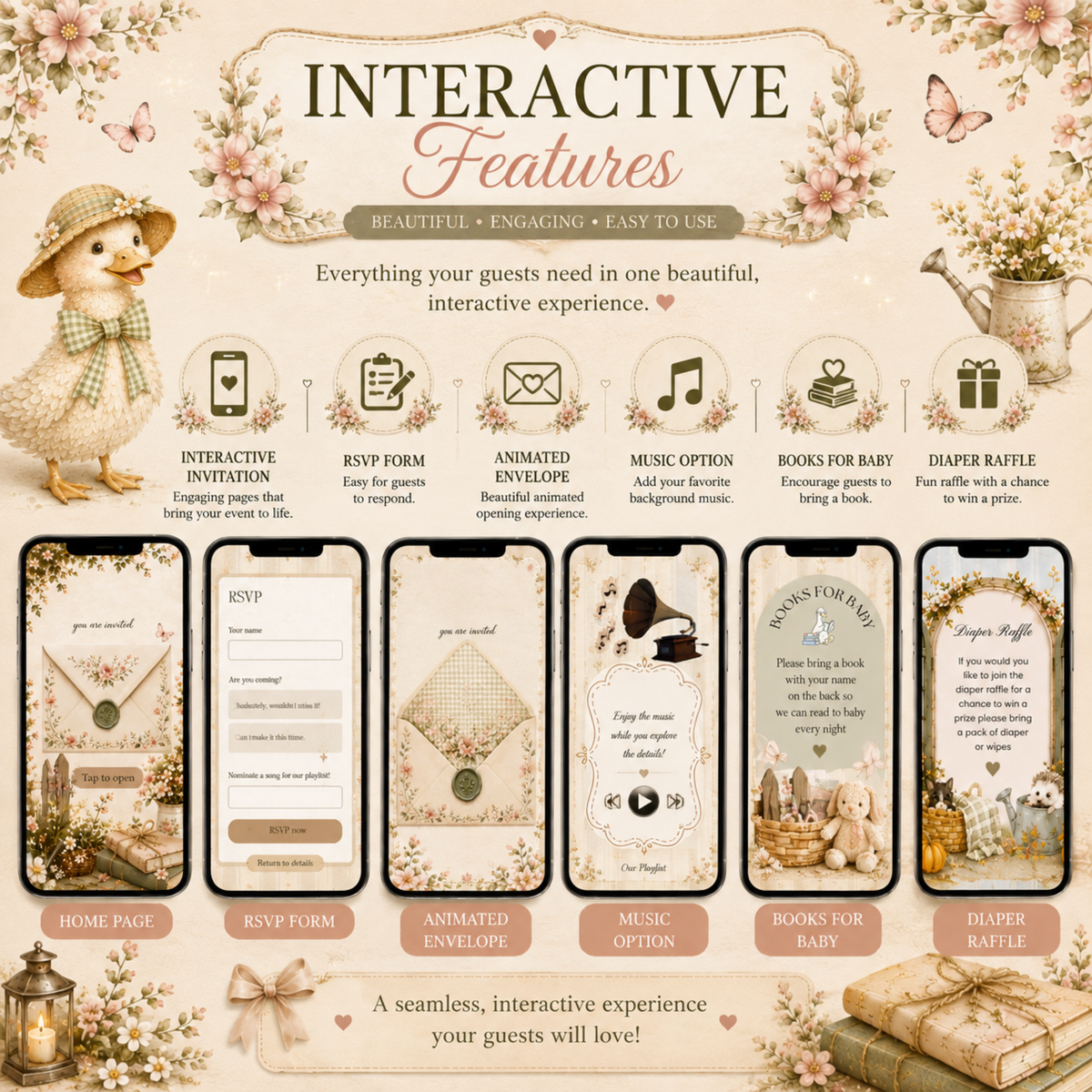 Interactive Baby Shower Invitation Template | Editable Canva Website | RSVP, Music & Animated Envelope | PLR MRR