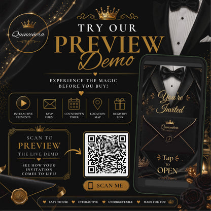 Black & Gold Tuxedo Quince Invitation | Interactive Canva Template