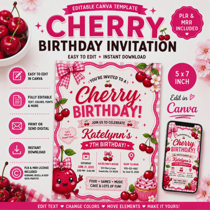 Pink Cherry Birthday Invitation | Editable Canva Template